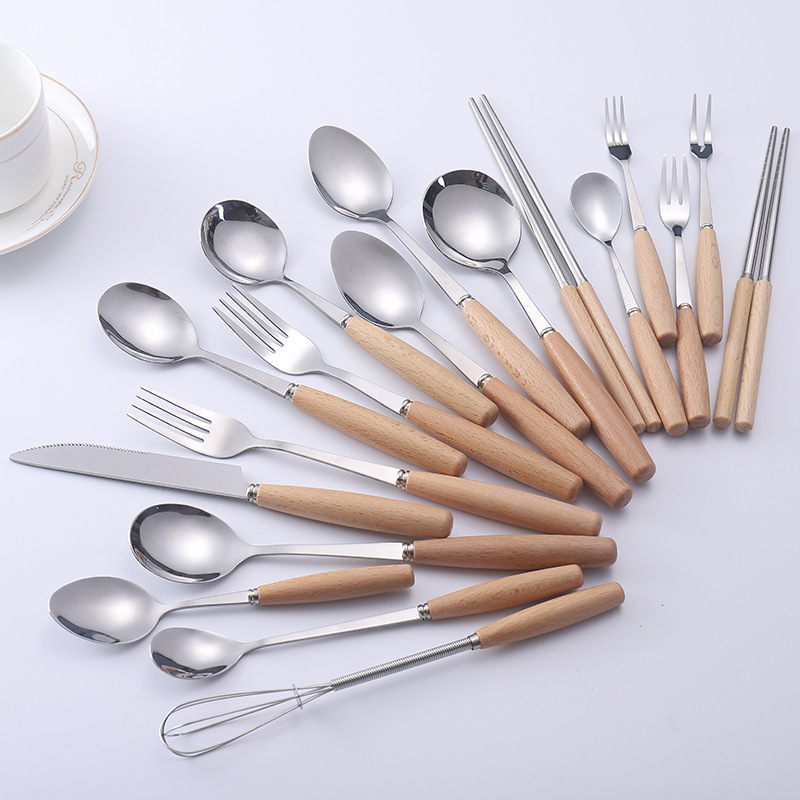 Creative Japanese Wooden Handle Tableware Egg Beater Stainless Steel Knife, Fork, Spoon, Chopsticks, Beech Wood Handle Stainless Steel Tableware Spoon