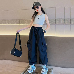 女童裝春季工裝褲夏裝洋氣褲子炸街闊腿褲兒童束腳長褲休閒褲跨境