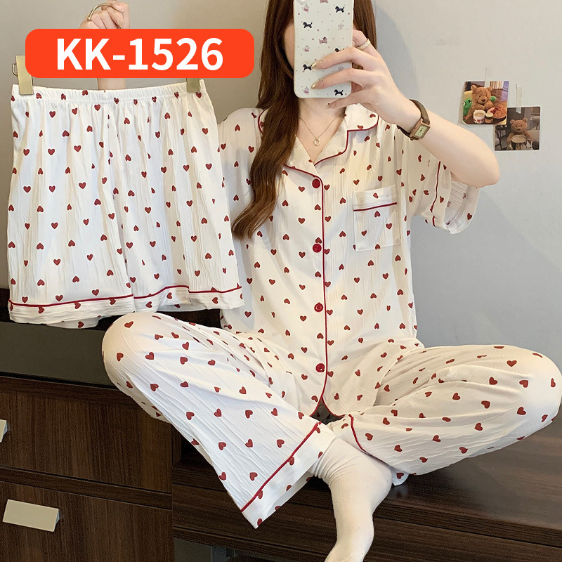 ネットセレブ人気の女性用半袖パジャマ、夏のストライプリボン、スイートホーム服、しわのある布の3点セット、リアルショット卸売|undefined