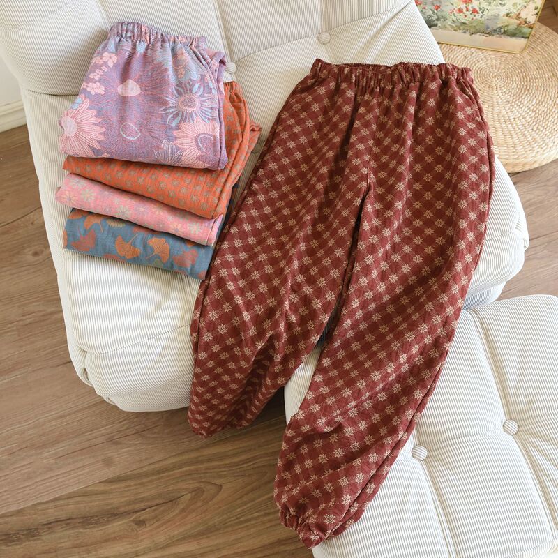 Women's Pure Cotton Jacquard Pajamas Spring and Autum Cuffed Cotton Gauze Home Pants Thin Loose Large Size Wholesale Women's Pure Cotton Jacquard Pajamas Spring and Autum Cuffed Cotton Gauze Home Pants Thin Loose Large Size Wholesale
