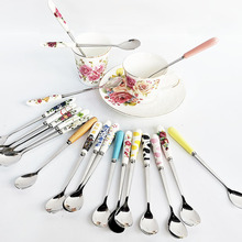 【5支裝】陶瓷不銹鋼冰勺勺子攪拌勺 甜品勺加長柄勺奶茶花卉秀氣