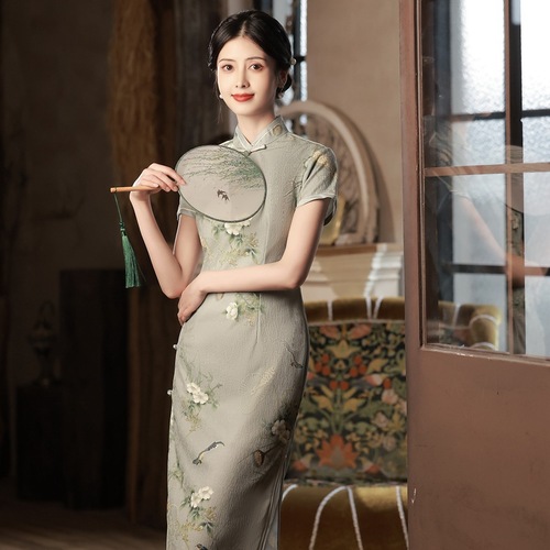 Retro Chinese Dress oriental Cheongsam for women green knitted jacquard cheongsam improved young with short sleeves