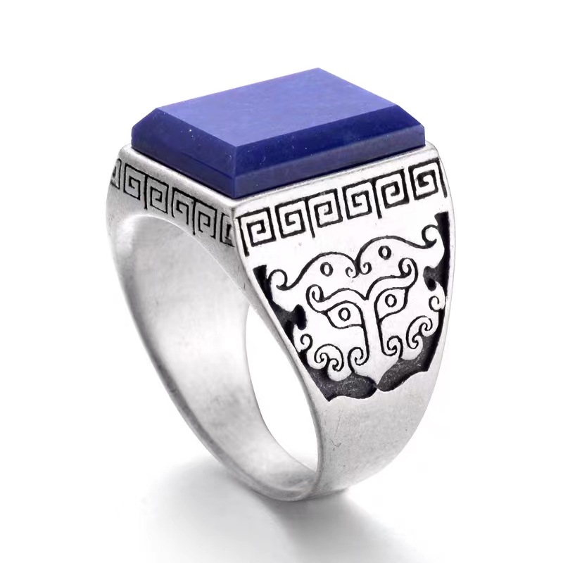 Blue retro ethnic ring with stone for boys