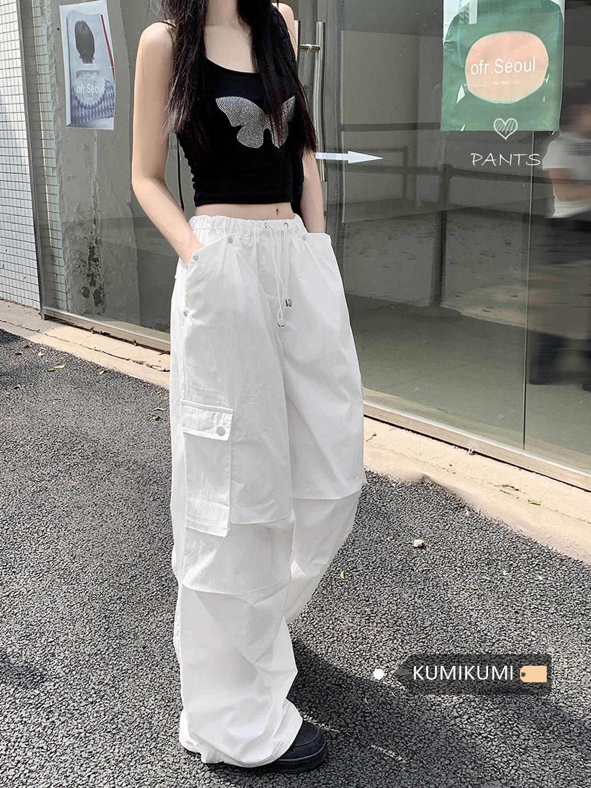 美式白色抽绳裤子女秋季高腰工装裤宽松休闲裤直筒裤百搭阔腿长裤