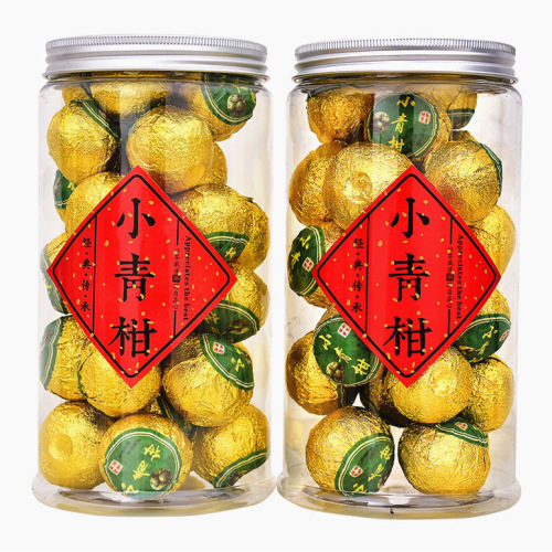 Xinhui small green tangerine sun-dried Pu-erh tea tangerine orange Pu-cha tea leaves round bucket wooden bucket packaging ripe tea particles 500g