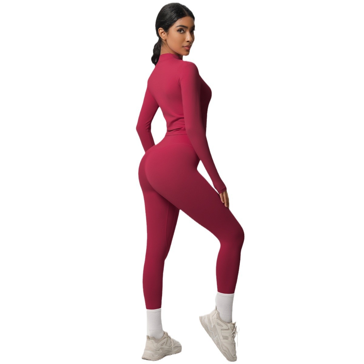国境を越えた欧米の新型毛磨き裸感修身運動ファスナー長袖高腰ズボンセットフィットネスヨガセット