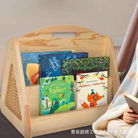 跨境木质手提书架双面可用儿童房图书架宝宝书本储存架实木置物架