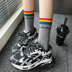 Rainbow Socks for Girls, IN Trend Mid-Calf Cotton Sports Casual Breathable Fashion Long Socks, Internet Famous Four Seasons Outerwear Long Socks