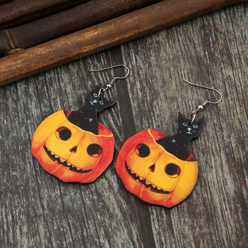 Wholesale Halloween Cat Pumpkin Wooden Earrings Nihaojewelry display picture 4