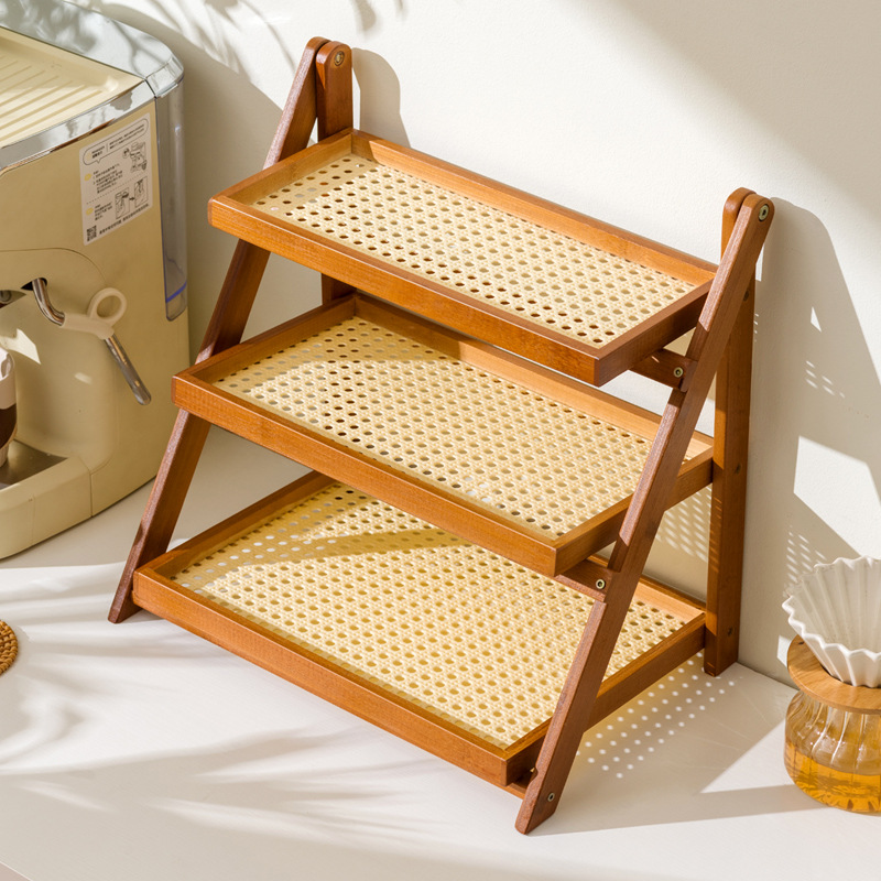 New Foldable Household Rattan Shelf Living Room Simple Desktop Capsule Storage Rack Kitchen Bedroom Cup Rack