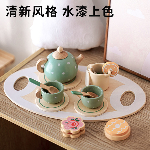 Early Education Simulation Children's Play Tea Party Dessert Cakes Selling Tea Pot Cup Tea Set Wooden Toy