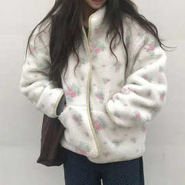 韩系温柔甜美田园风宽松百搭小清新花朵正反两穿卫衣绒衫外套女
