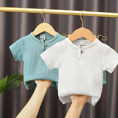 Children's cotton and linen short-sleeved tops ethnic style baby summer thin solid color simple double-layer cotton gauze loose T-shirt
