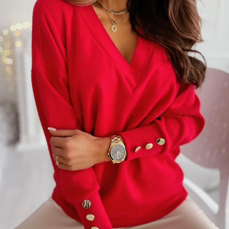 Women's Clothing Spring and Autumn Cuff Button Decoration V neck Casual Sweater Long Sleeve Bottoming Top for Women_voghion.com