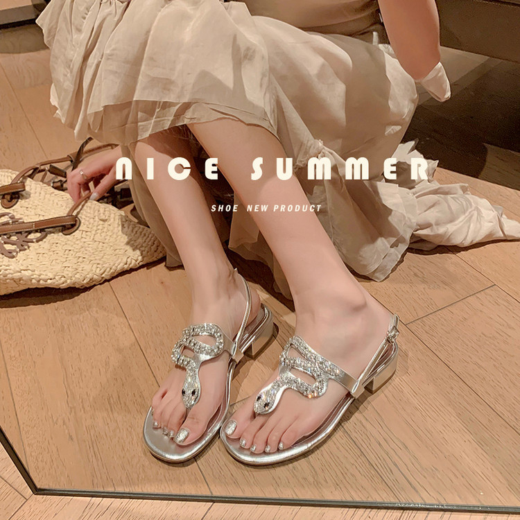 Dép xỏ ngón nữ da thật gót trung dày hở ngón phong cách Pháp đính đá rhinestone — Màu bạc