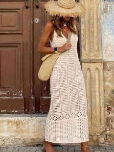 Yangyang Cross-Border New European and American Beach Skirt Knitted Hollow Sleeveless Vest Dress Bikini Swimsuit Cover-Up for Women