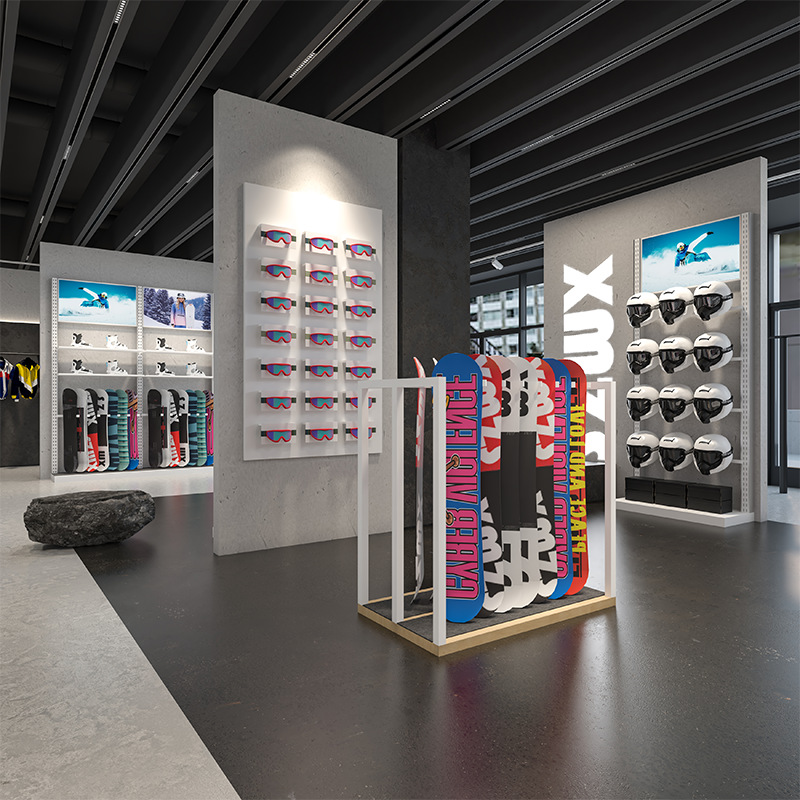 Estantes de exhibición de ropa de esquí de nieve de pared de ropa deportiva de ropa de piso de exhibición de tiendas de ropa de hombre