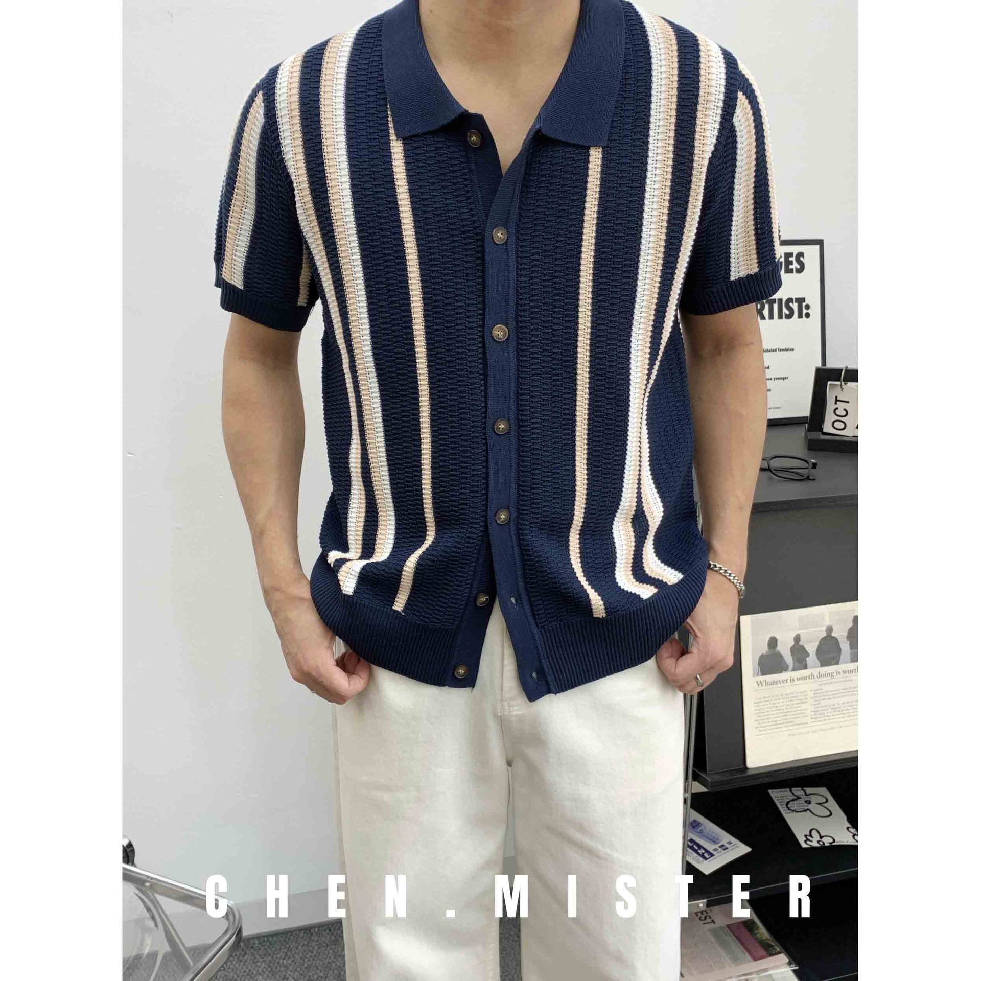 Polo camiseta de punto camiseta de manga corta hombre solapa rayas huecas viejas camisas de viento de verano hielo seda fábrica transfronteriza al por mayor