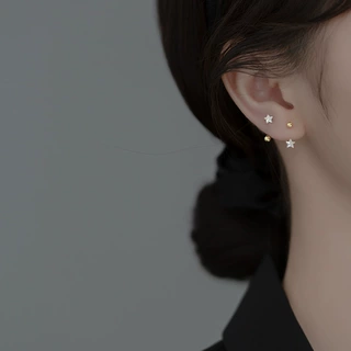 韩版S925银C型五角星耳钉女小众高级感耳饰圆球拧丝设计时尚耳环