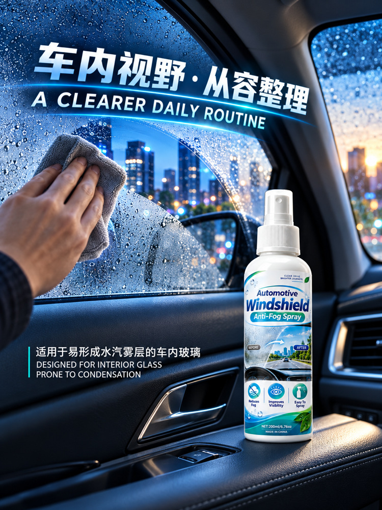 Car windshield anti-fog spray, automotive glass anti-fog spray, de-fogging agent, waterproof anti-fog spray, hydrophilic film for car glass