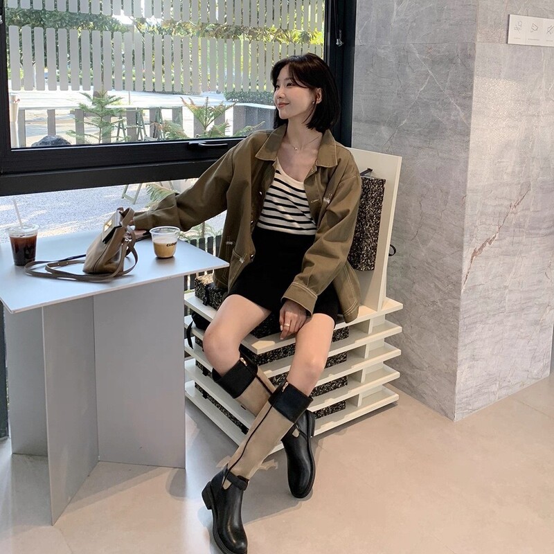 牛皮葡萄妈拼色复古真皮骑士靴子皮带扣粗跟厚底马丁靴女西部长靴|undefined