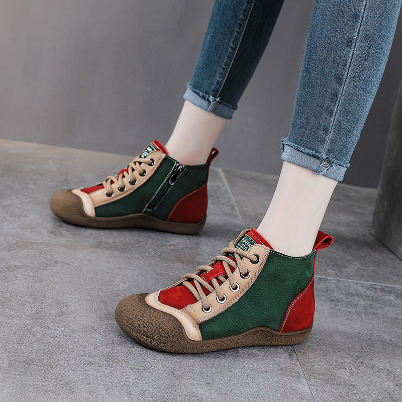 头层牛皮短靴女秋冬真皮复古平底休闲高帮鞋拼色加绒英伦风马丁靴