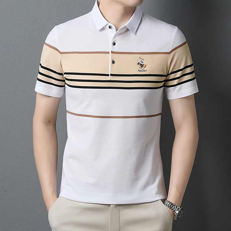 Pearl Cotton Shirt Short Sleeved T-Shirt With Lapel Collar, Casual Stripes, Youth Fashion Polo Shirt, Men's T-Shirt_voghion.com