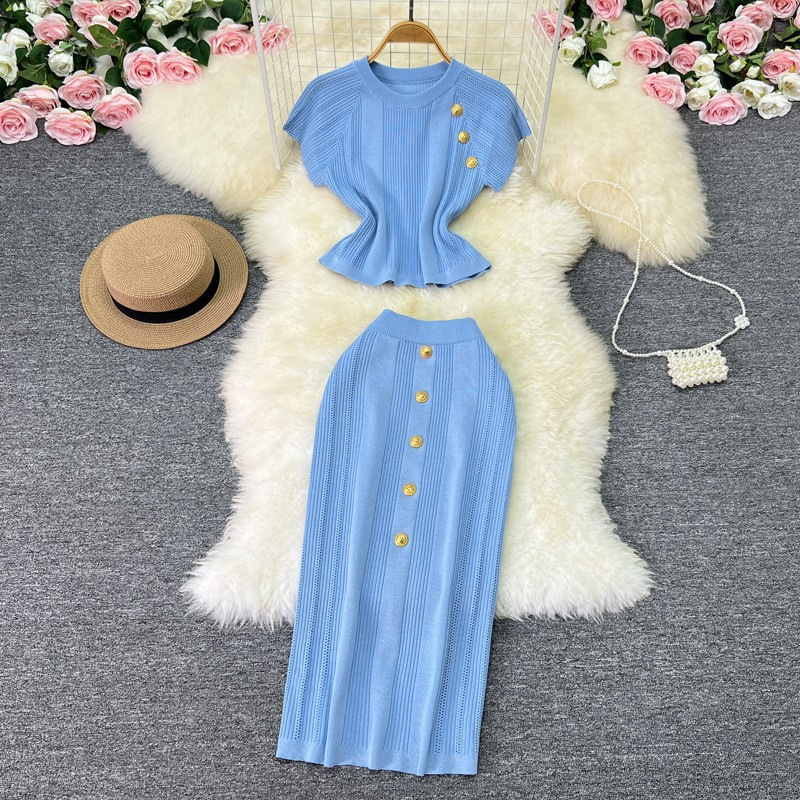 Cross-Border Summer Chanel-Style Set: Elegant Short-Sleeve Knit Top with Single-Row Gold Buttons and Slim-Fit Elastic Skirt Set Cross-Border Summer Chanel-Style Set: Elegant Short-Sleeve Knit Top with Single-Row Gold Buttons and Slim-Fit Elastic Skirt Set
