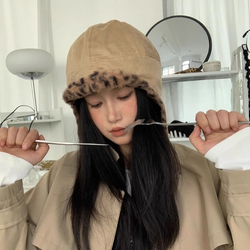 双面戴~复古豹纹护耳帽子男女麂皮绒小众秋冬季保暖飞行员雷锋帽|undefined