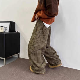 日系复古宽松直筒男女文艺格子阔脚休闲裤春秋季时尚垂坠感拖地裤