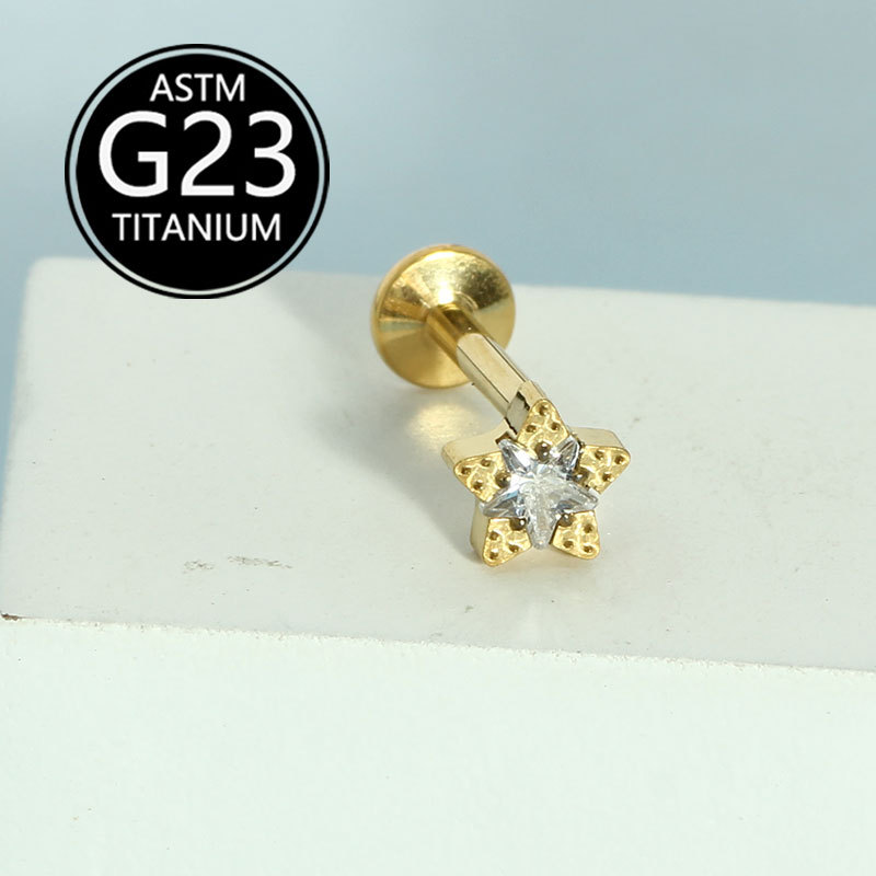 F136 Titanium Alloy Sweet Five-Pointed Star Inlaid Zircon Earrings Mini Star Ear Bone Nails Lip Nails Body Piercing Jewelry detail image 6