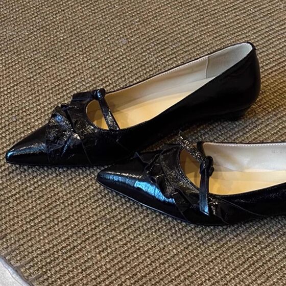 Super Soft Lambskin ~ Genuine Leather French Single-layer Shoes Women's Flat Pointed Small Wedge Elegant All-match Bow Late Shoes