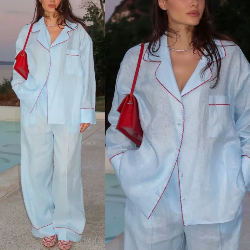 跨境新款欧美女士时尚通勤套装长袖天丝衬衫休闲宽松长裤家居服