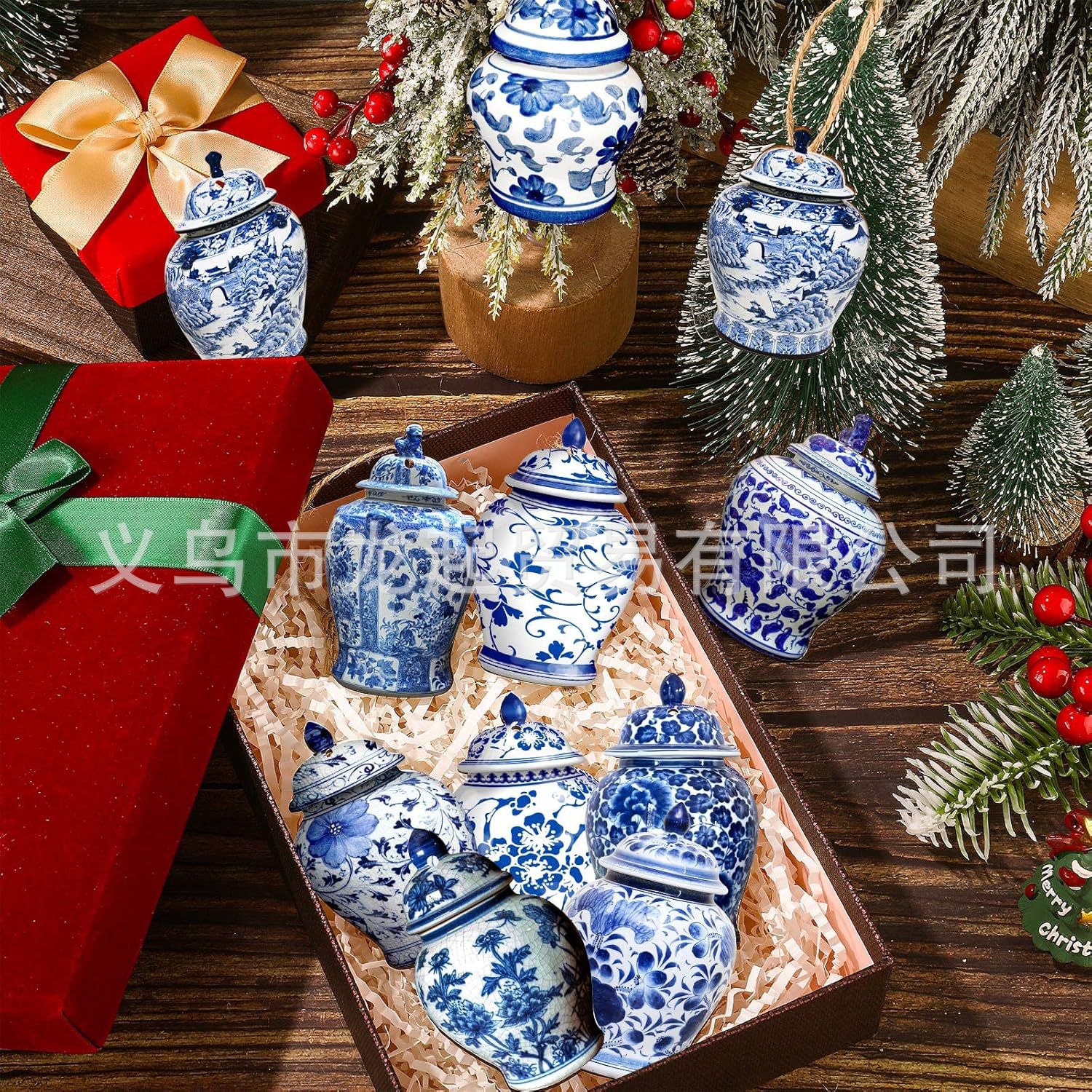 40 conjuntos de decoraciones navideñas de porcelana de color azul de Navidad China decoración de madera de Navidad