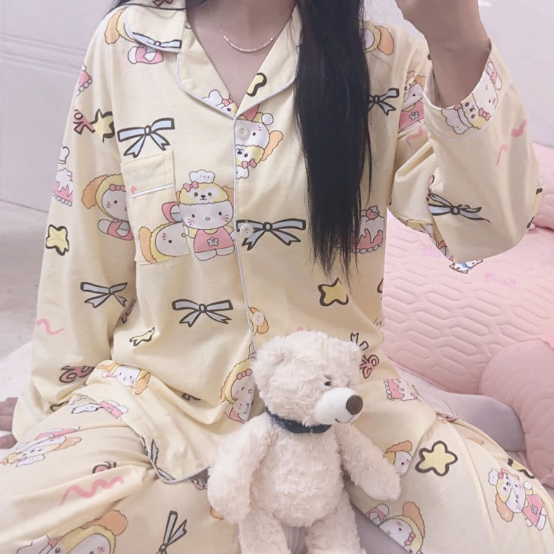 Cute Hello Kitty Pajamas Women's Spring and Autumn New Cardigan Long Sleeve Cartoon Age Reduction Women's Home Clothes Casual Suit Cute Hello Kitty Pajamas Women's Spring and Autumn New Cardigan Long Sleeve Cartoon Age Reduction Women's Home Clothes Casual Suit