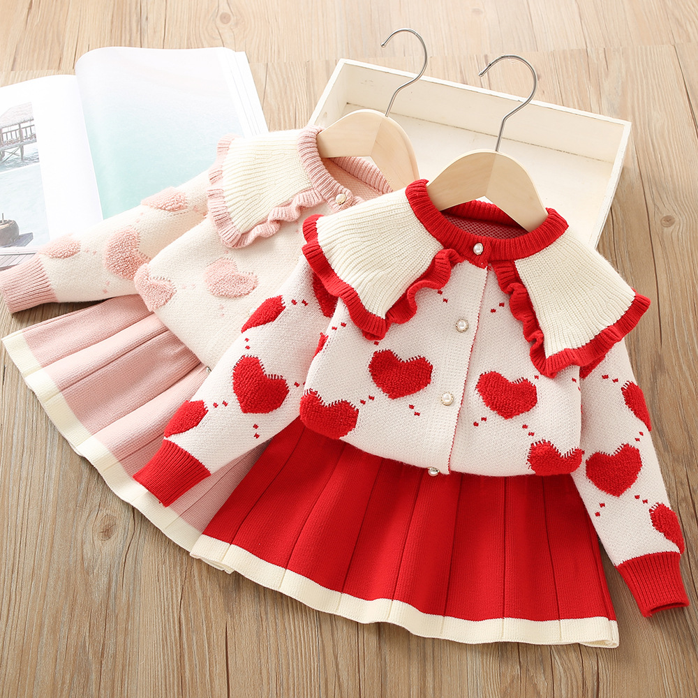 480g Weight Kids Clothing Sets Children's Clothing Type Long Sleeve Sleeve Length Polyacrylonitrile Fiber Fabric Type Skirt Sets Sets Type 2 Pieces Set Quantity Holiday, Daily, Selfie Occasion Round Neck Neckline Regular Fit Fit Type Heart Shape Pattern Winter, Spring, Autumn Season Girl'S Gender Casual, Elegant, Cute Style Casual Elegant Cute Heart Shape Polyacrylonitrile Fiber Girls Clothing Sets 无