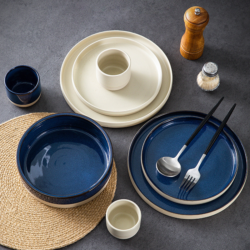 Cross-Border Japanese Ceramic Home Plate Creative Hotel Tableware Stoneware Dish Plate Kiln Deep Dish Cooking Plate Fcm