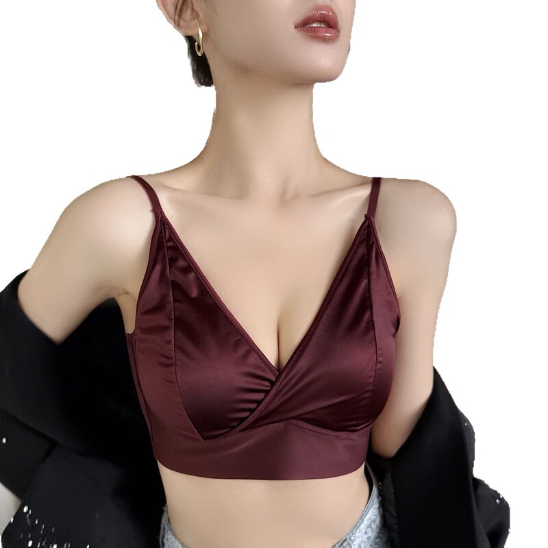 抖音初秋法式深V缎面无痕美背内衣女士抹胸大胸显小带胸垫防走光|undefined