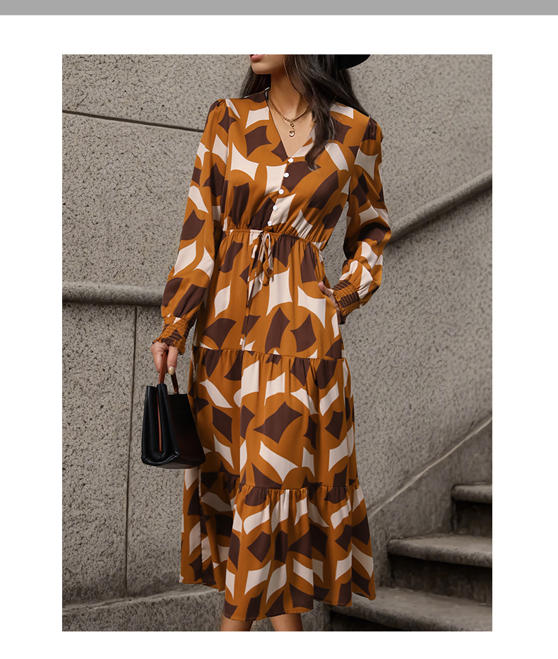 Geometriskt mönster volanger med V-ringad Lång mångsidig klänning med knäppning_voghion.com