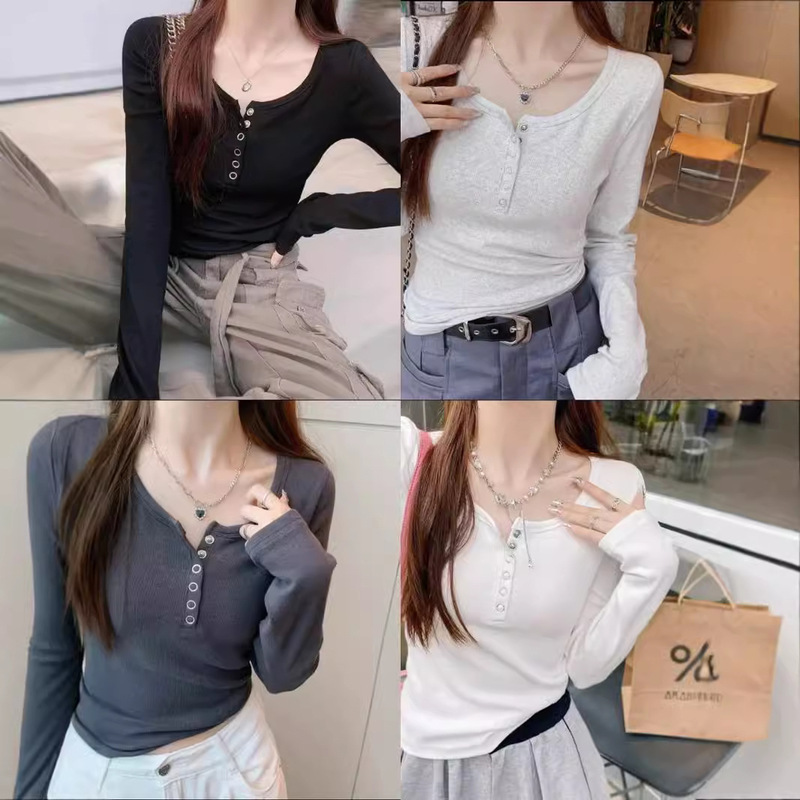 Thread Cotton Button Long-sleeved T-shirt Women's 2024 Autumn and Winter New Slim-fit All-match Slimming Shoulder Top Base Shirt Outer Thread Cotton Button Long-sleeved T-shirt Women's 2024 Autumn and Winter New Slim-fit All-match Slimming Shoulder Top Base Shirt Outer