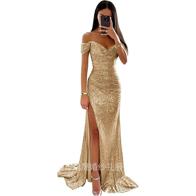 New Party One-Line Collar Sequined Mermaid Prom Dress Women's Long Loose Off-Shoulder Plus Size Dress Wholesale