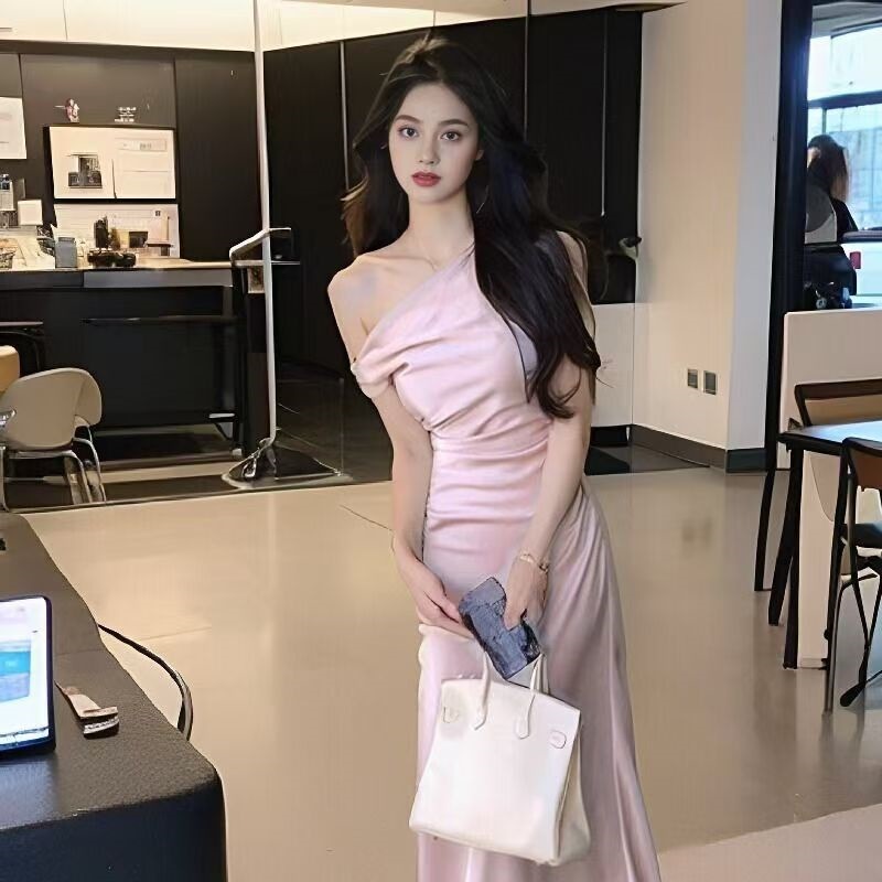 法式简单大方得体连衣裙女御姐气质斜肩荡领收腰鱼尾包臀长裙礼服|undefined