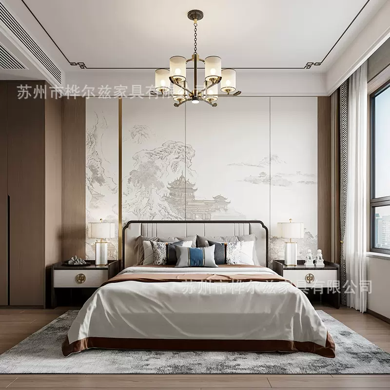 新中式实木床宋代美学主卧婚床1米8卧室双人布艺大床高档民宿家具