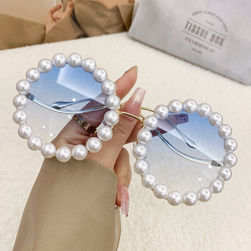 Rihanna Same Style Glasses Pearl Metal Round Frame Sunglasses Instagram Style Fashionable Wave-Shaped Internet Celebrity Sunglasses for Women