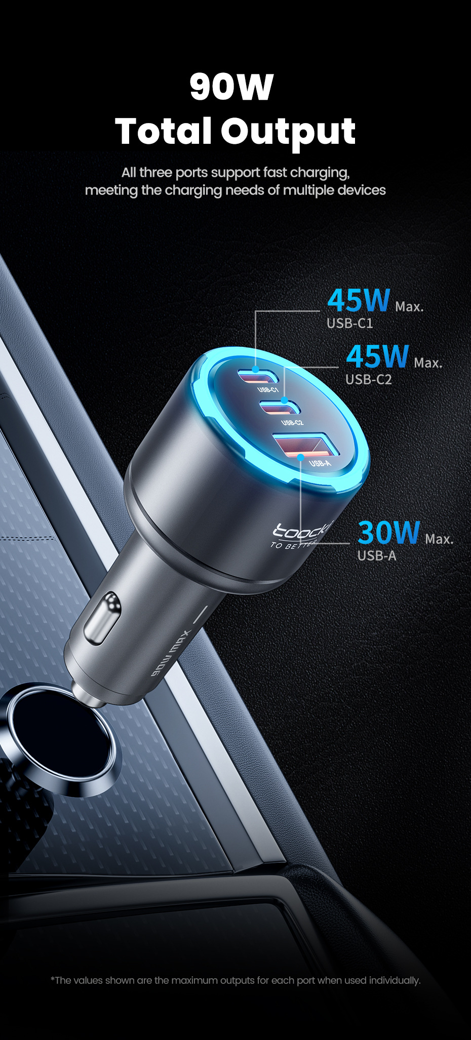 Toocki Cross-Border 90W Ambient Light Three-In-One Super Fast Charging Charger Car Cigarette Lighter Charging Head