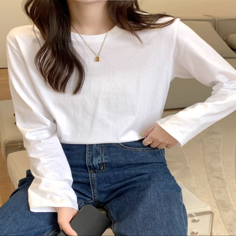 Right Shoulder Long-Sleeved T-Shirt for Women 2025 New Spring, Autumn and Winter Inner Layer Pure Cotton Loose White Bottoming Shirt for Women