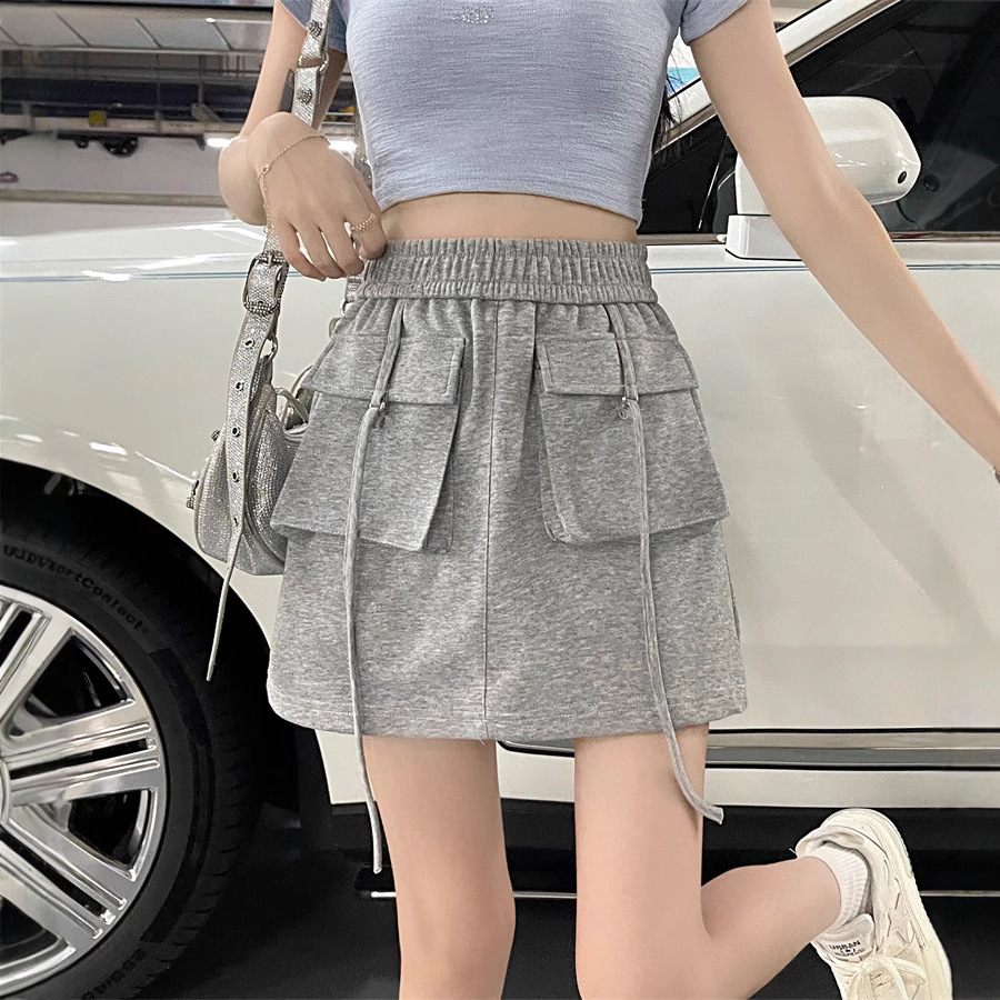 Elasto Waist Drawstring Skirt Women's Summer Casual Short Skirt Niche A- line Skirt Slimming Gray Skirt Crock Skirt