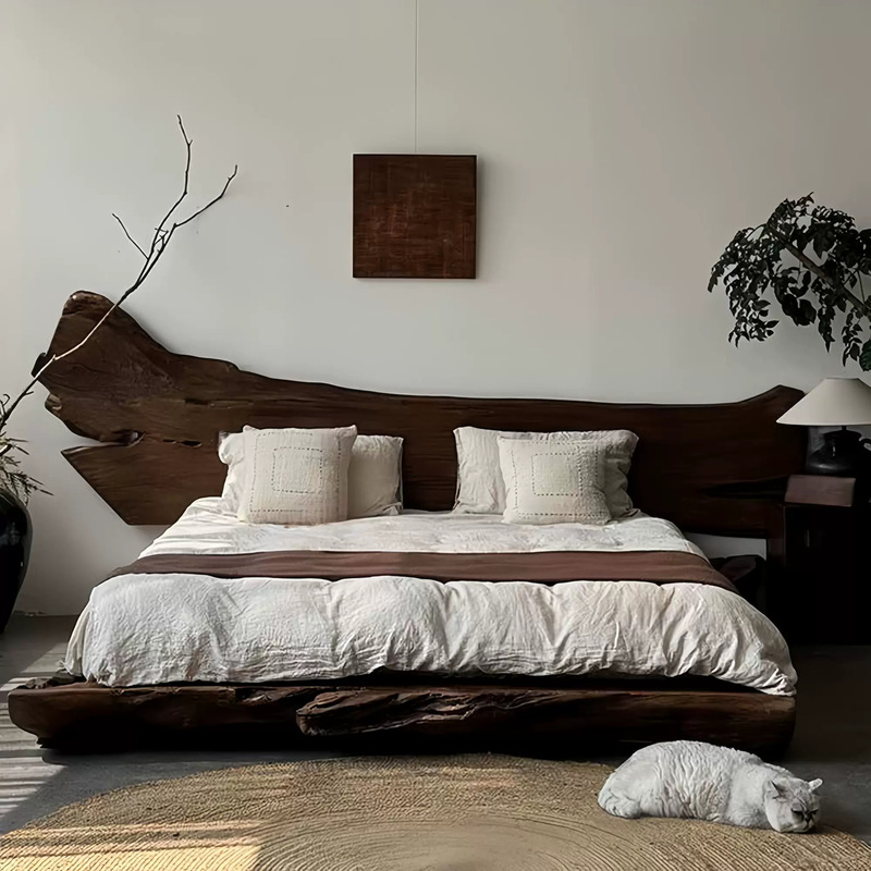 Wabi-Sabi Style Natural Wood Hotel and Guesthouse Double Bed, Modern Minimalist Style Villa, Solid Wood Bed, Chinese Style Guesthouse Design
