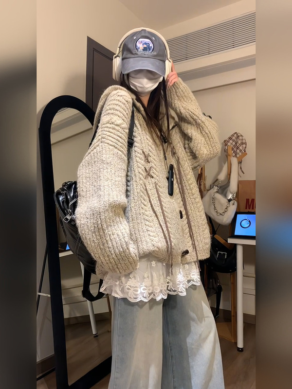 韩版穿搭连帽针织牛角扣开衫毛衣女秋冬百搭休闲软糯帽衫外套上衣|undefined