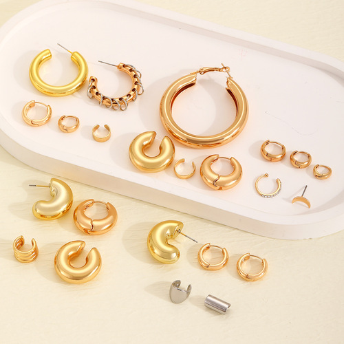Earrings Women's European and American Simple Ins Exaggerated Earring Set Decorative Retro High-end Personalized Circle Ear Clip 